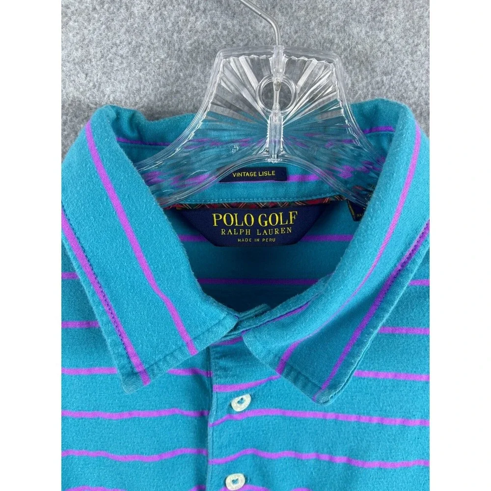 Polo Golf‎ Ralph Lauren Vintage Lisle Shirt Men's L Blue Striped Short Sleeve